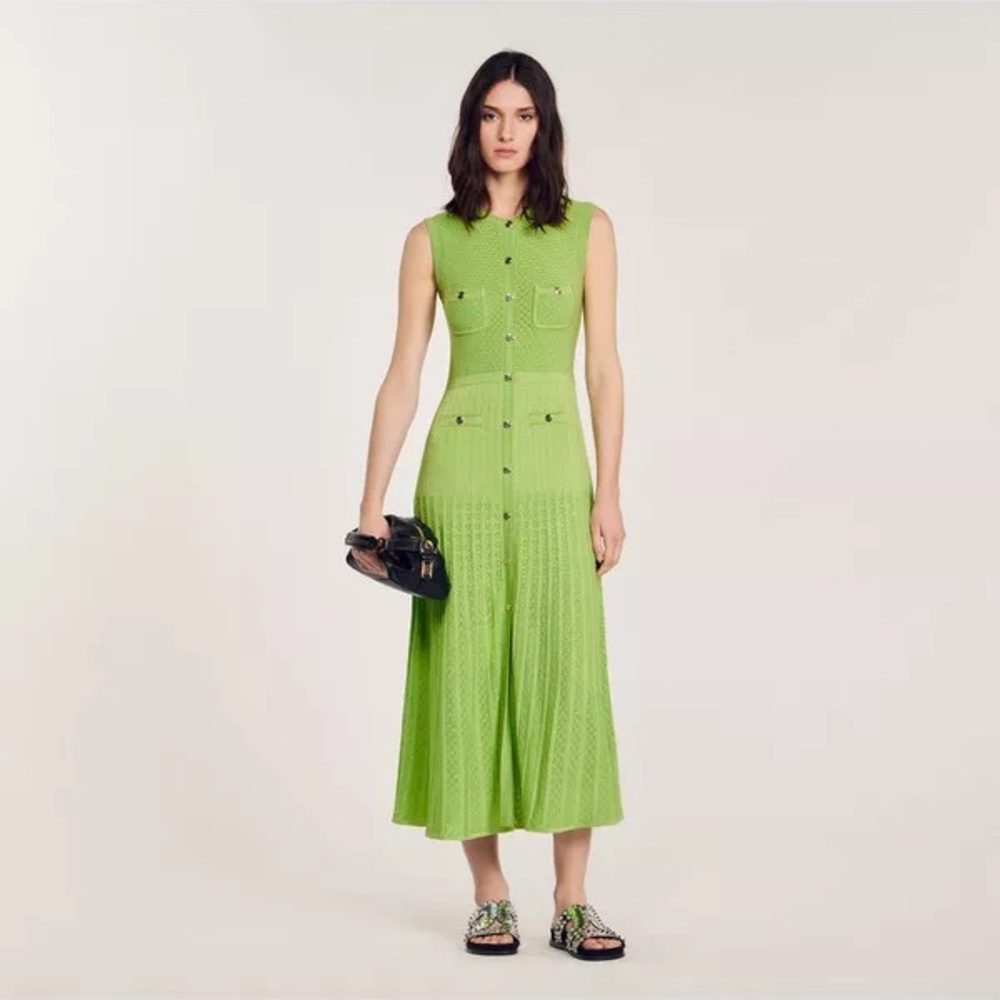 Sandro Vibrant Green Maxi Dress with Button Details